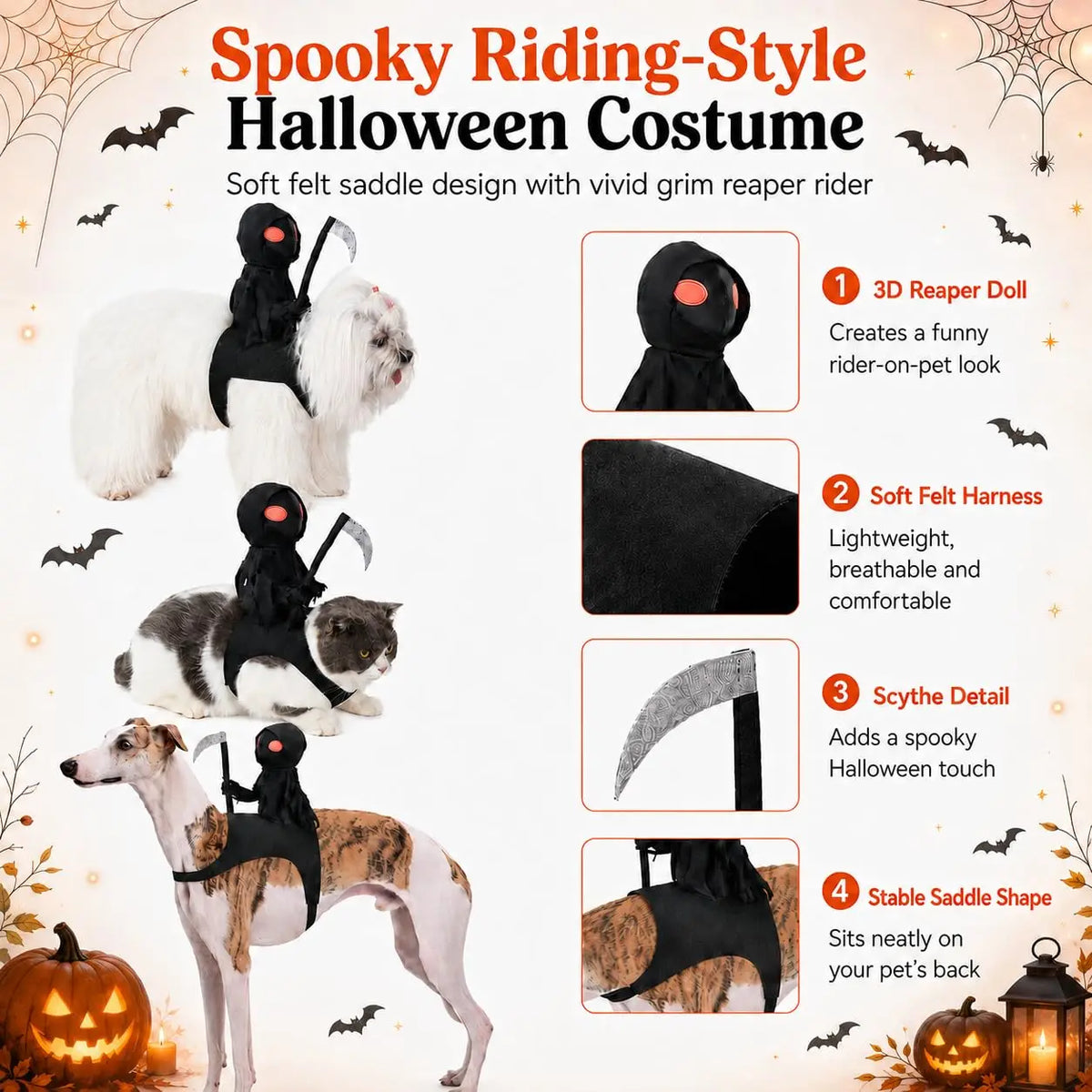 Pet wearing a reaper knight rider Halloween costume on a felt saddle – photo 3