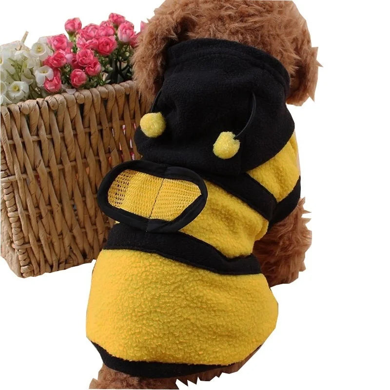 Dog wearing a yellow fleece bumblebee hoodie costume – photo 3