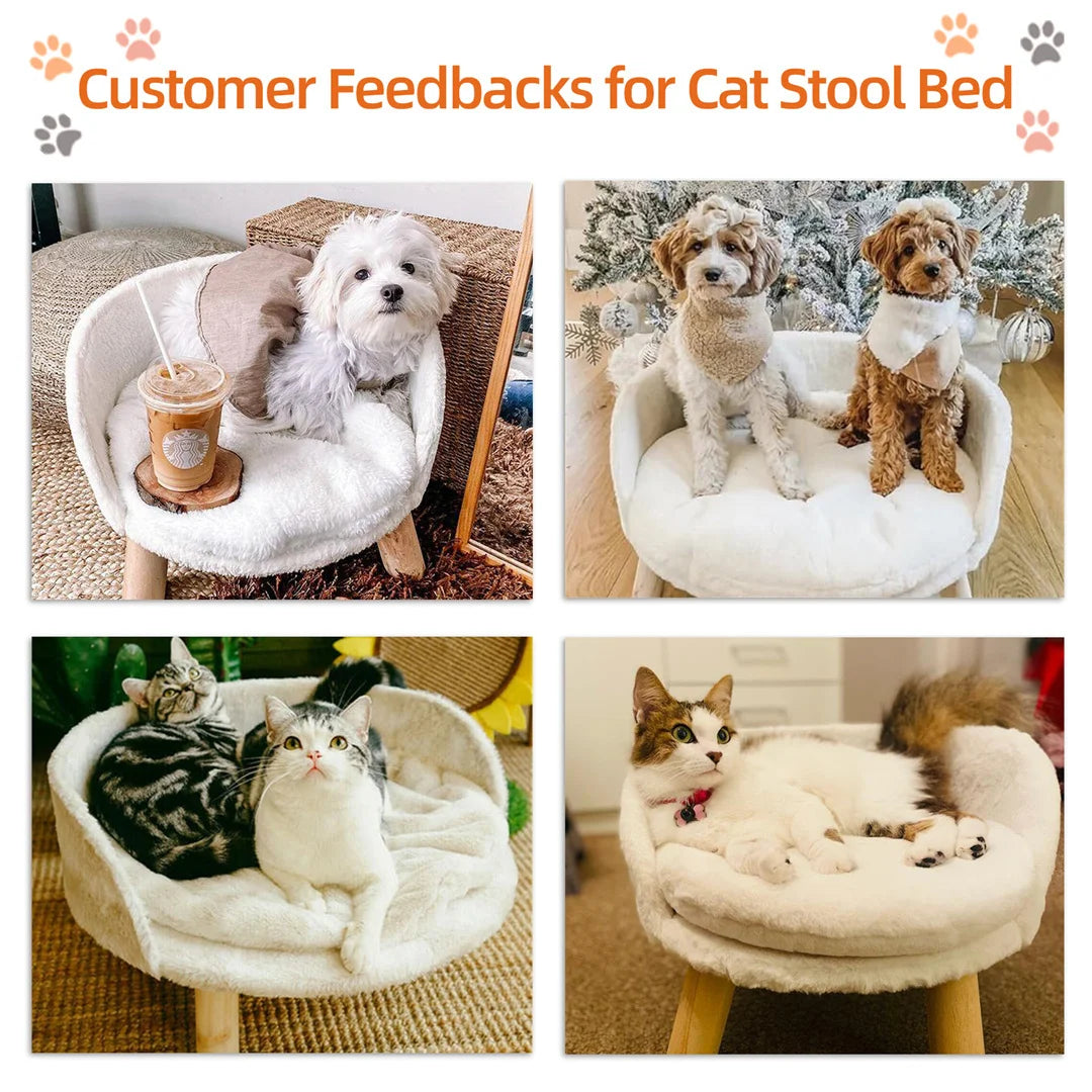 Plush Cat Bed Chair with Wooden Legs, White
