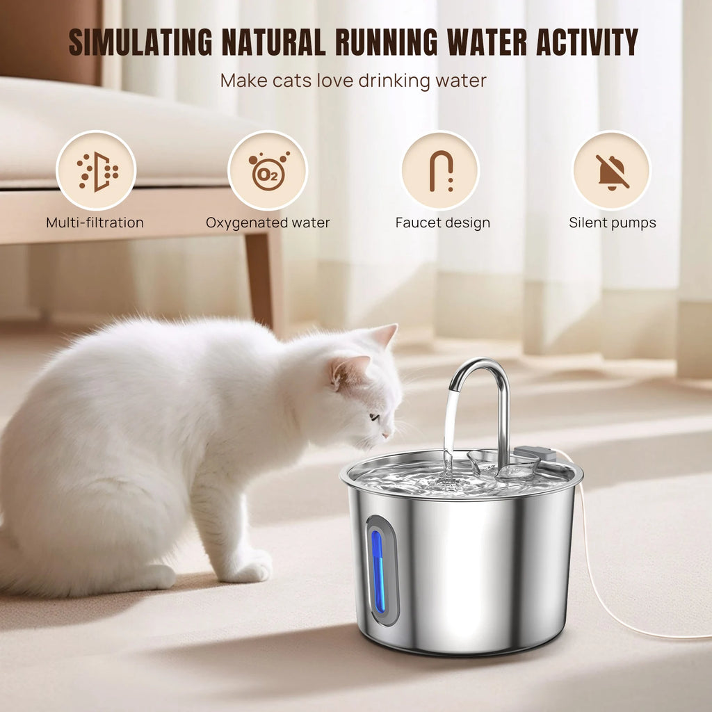 Stainless steel cat water fountain with LED light – photo 5
