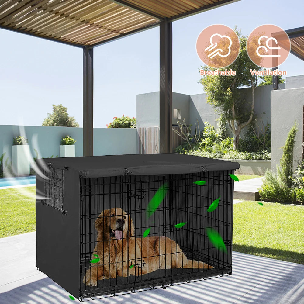 Black dog crate cover with mesh windows over a wire crate – photo 10