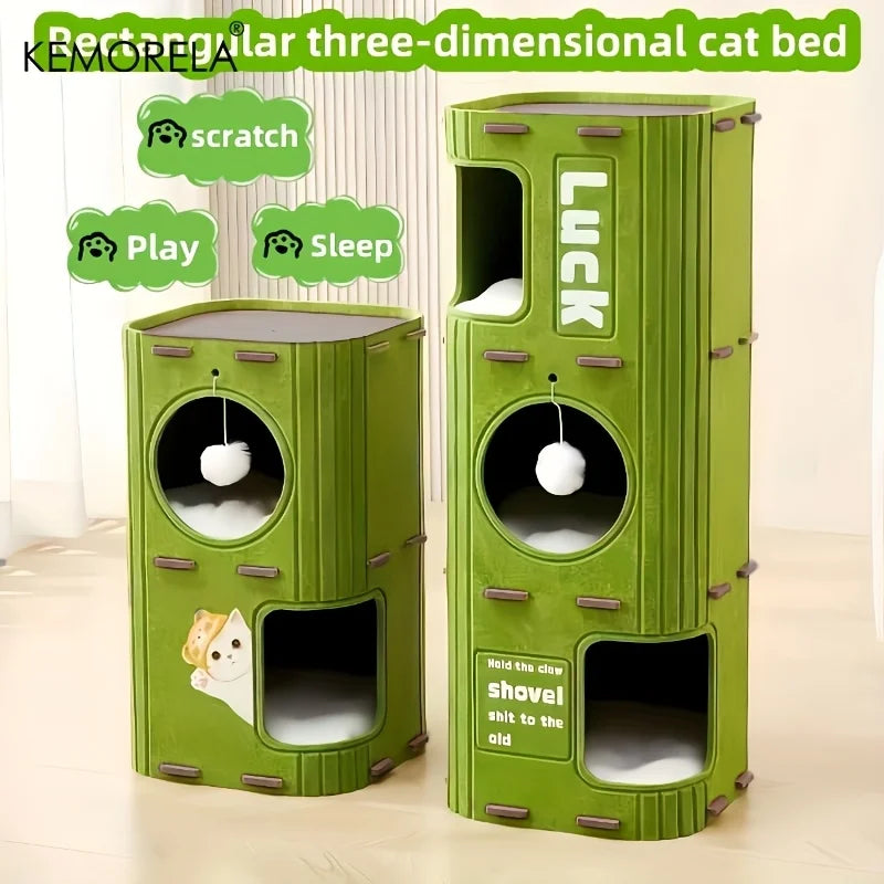 Tree-shaped felt cat condo with scratching posts and hanging toys – photo 4