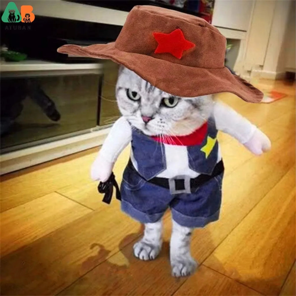 Cat wearing a cowboy Halloween costume with hat and faux arms – photo 3