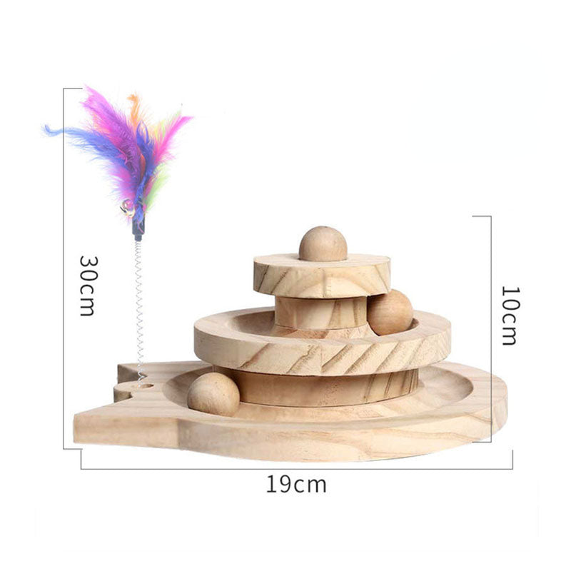 Wooden cat ball track tower toy with feather teaser – photo 8