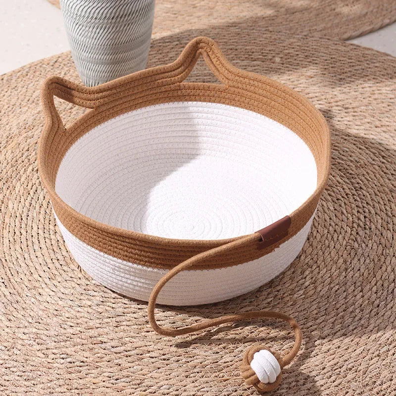 Handwoven cotton rope cat basket bed with cat-ear handles and hanging ball toy