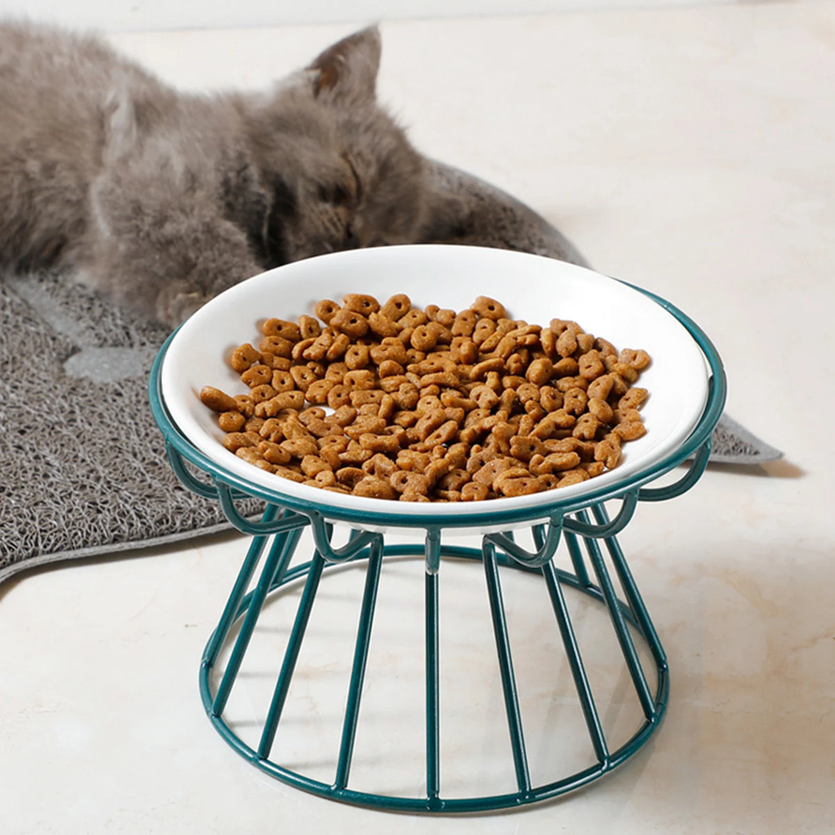 Shallow whisker-friendly ceramic cat bowl on an iron stand – photo 3