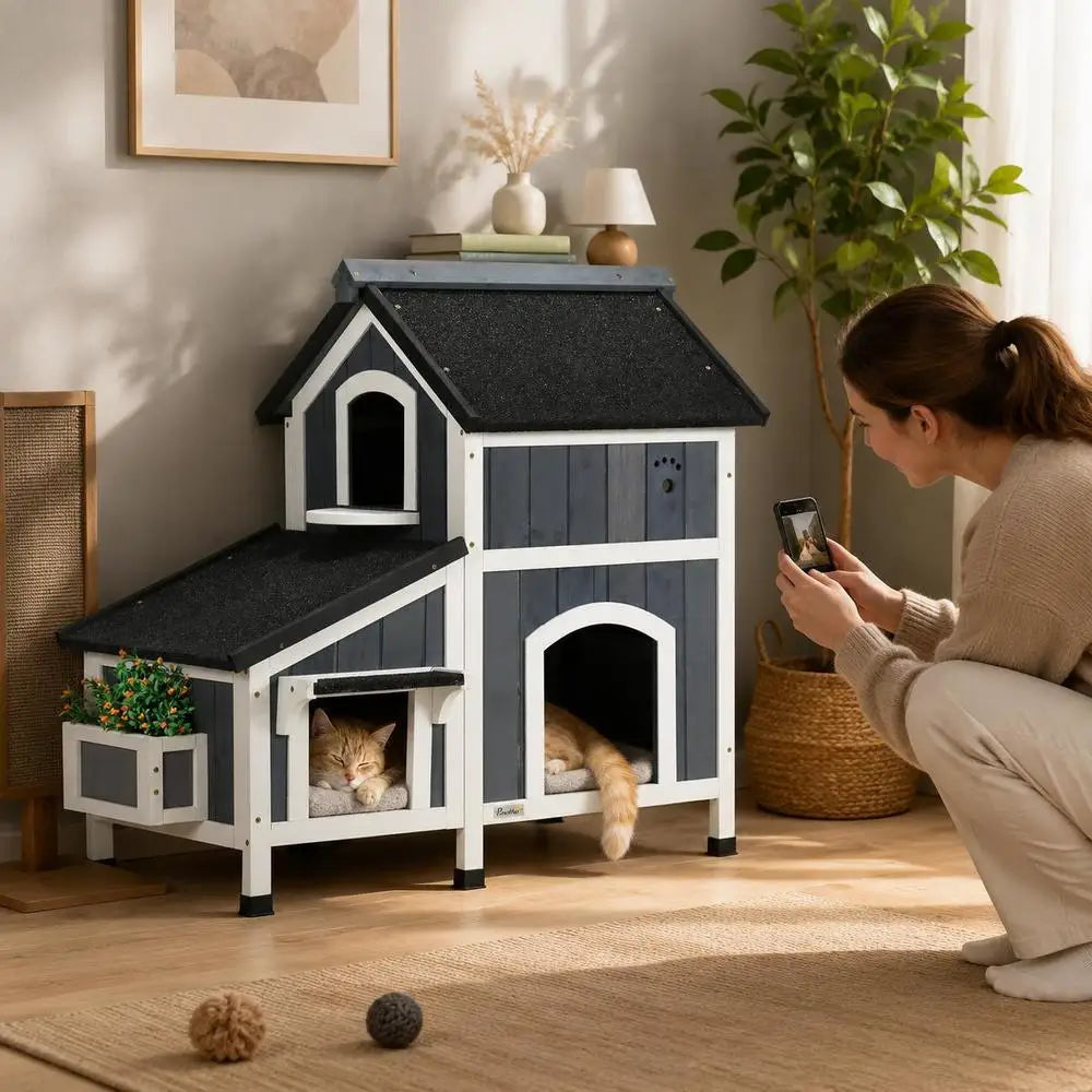 Grey outdoor wooden cat house with asphalt roof and windows