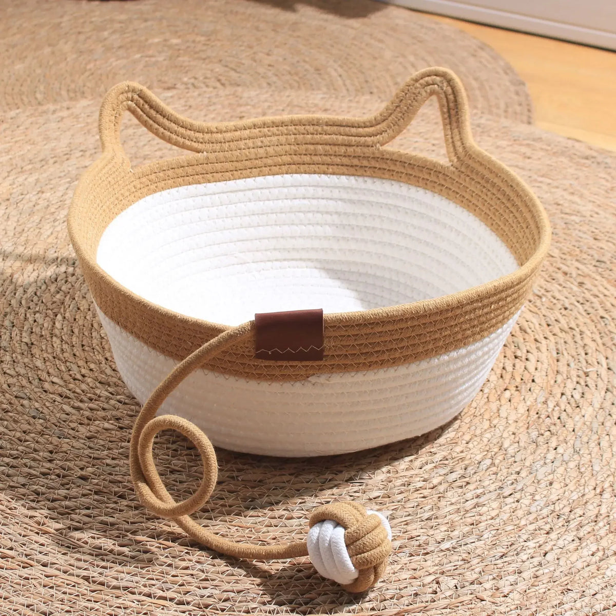 Handwoven cotton rope cat basket bed with cat-ear handles and hanging ball toy