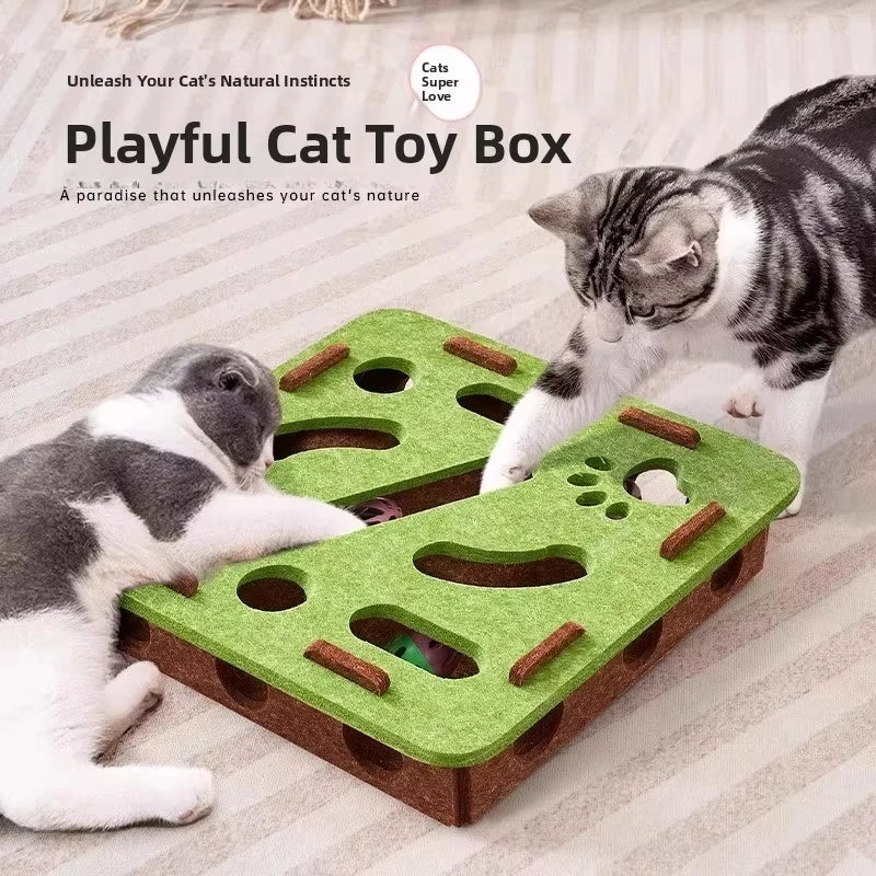 Felt cat puzzle box toy with a ball inside