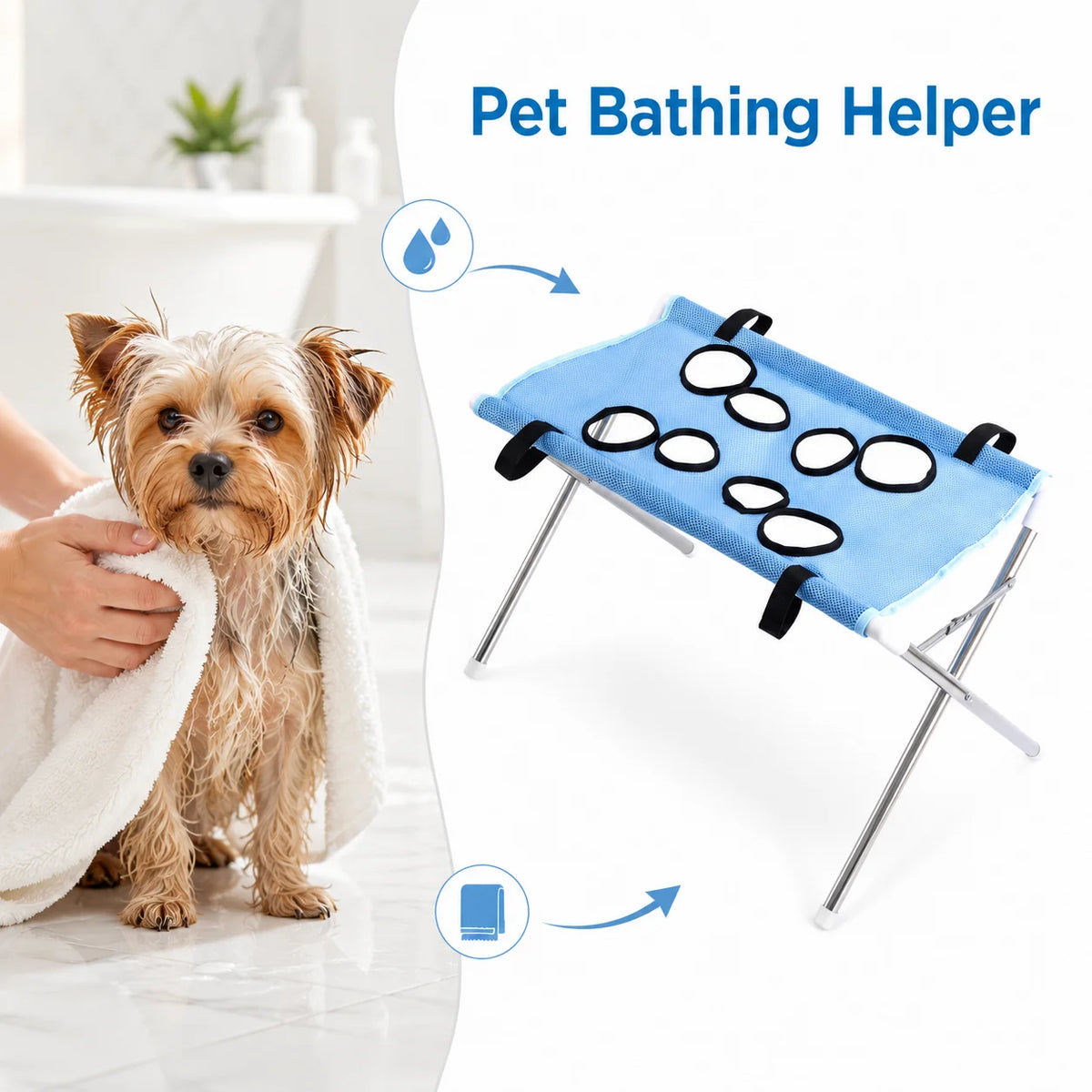 Small dog after a bath next to the blue grooming hammock stand