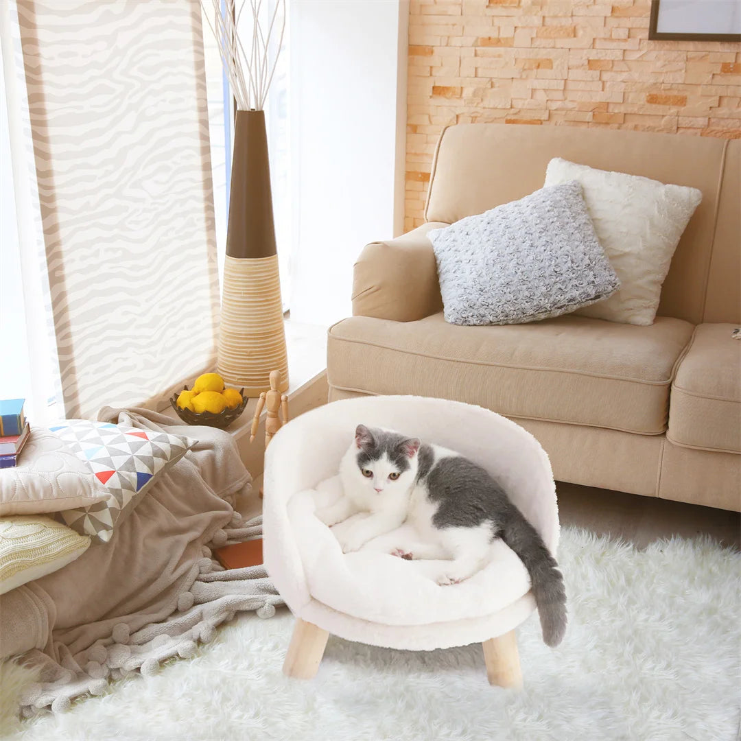 Plush Cat Bed Chair with Wooden Legs, White