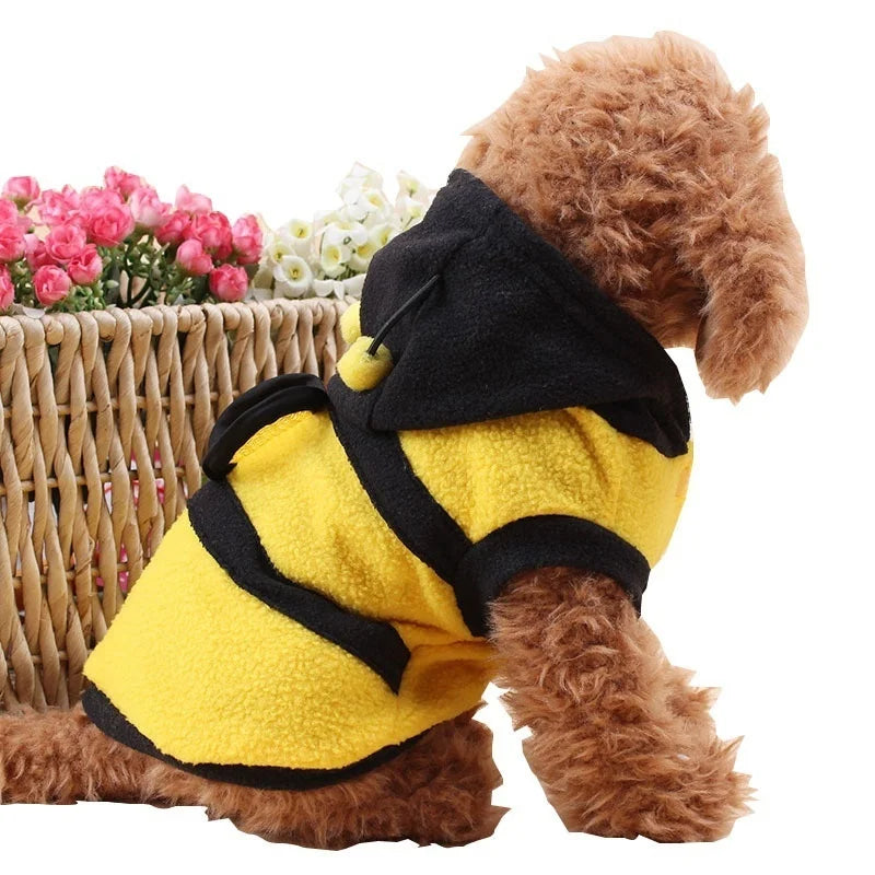 Dog wearing a yellow fleece bumblebee hoodie costume – photo 5