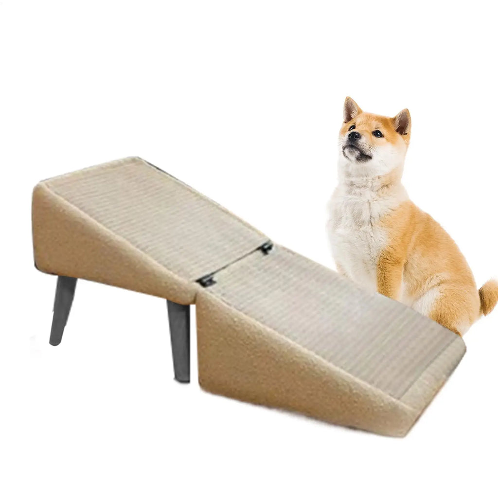 Foldable wooden pet ramp with non-slip fabric cover beside a bed – photo 5