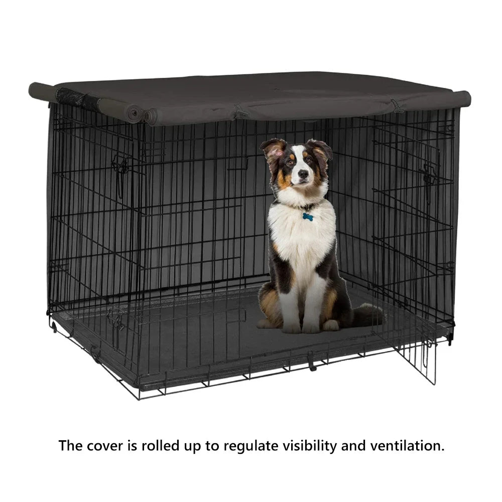 Black dog crate cover with mesh windows over a wire crate – photo 3
