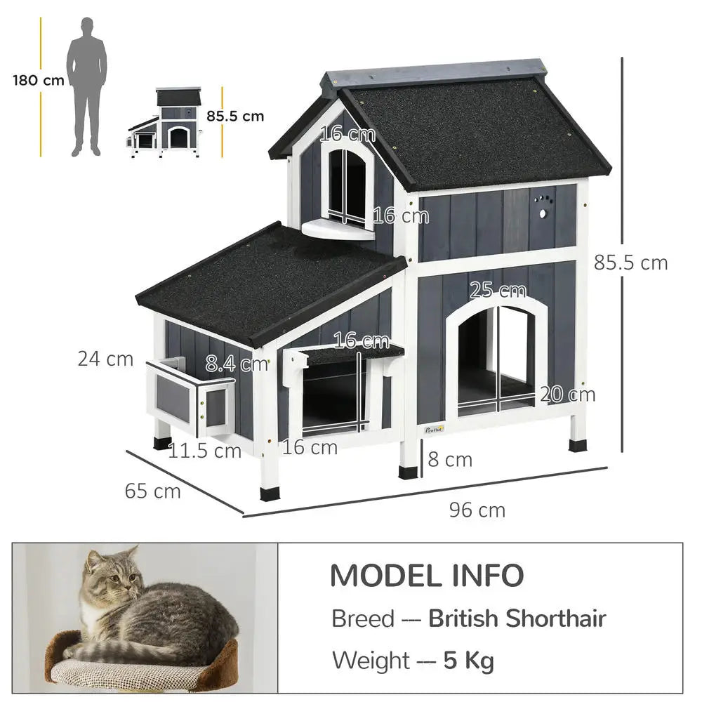 Outdoor Wooden Cat House with Asphalt Roof & Windows