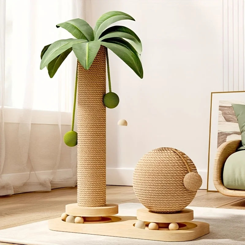 Coconut palm tree cat scratching post with hanging balls – photo 3