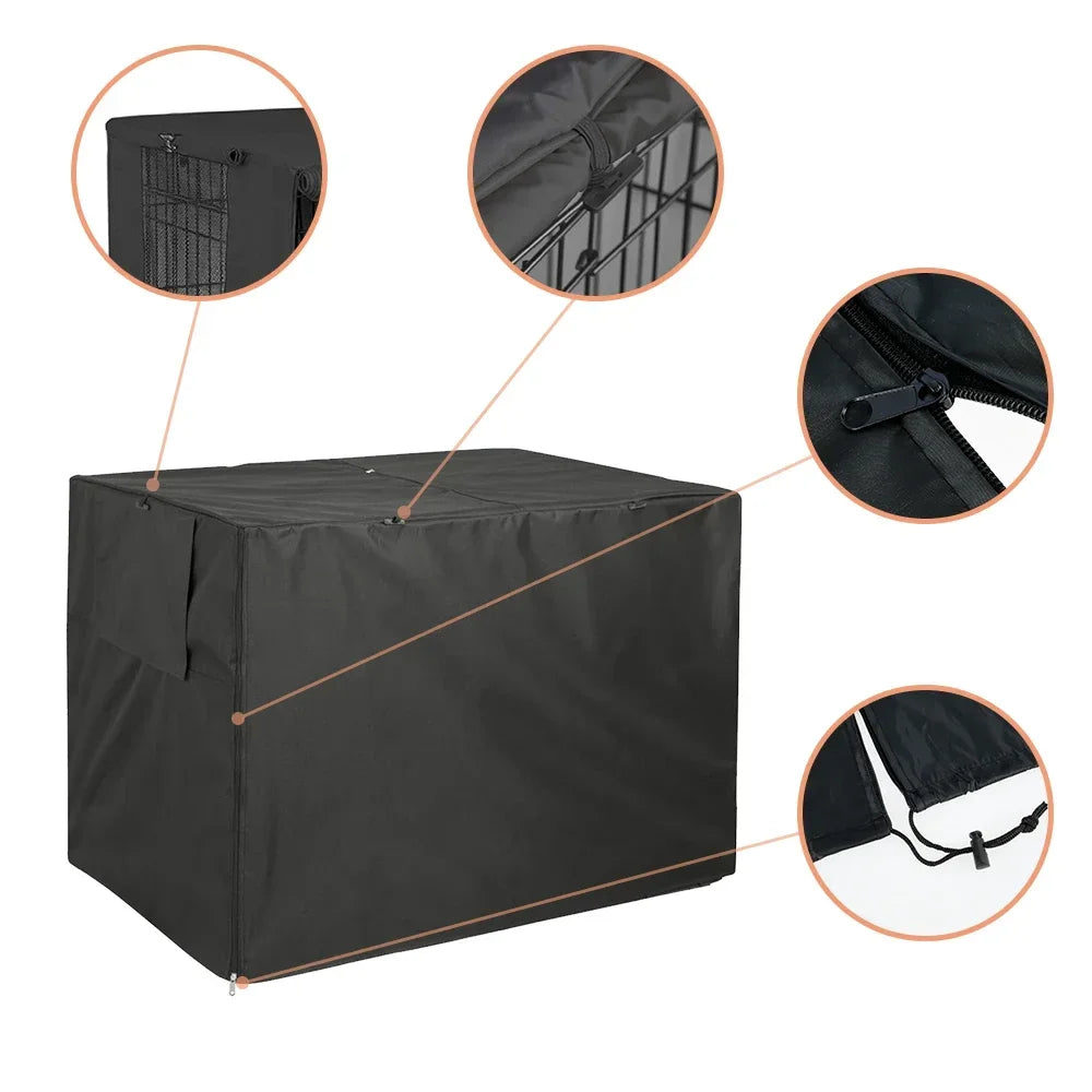 Black dog crate cover with mesh windows over a wire crate