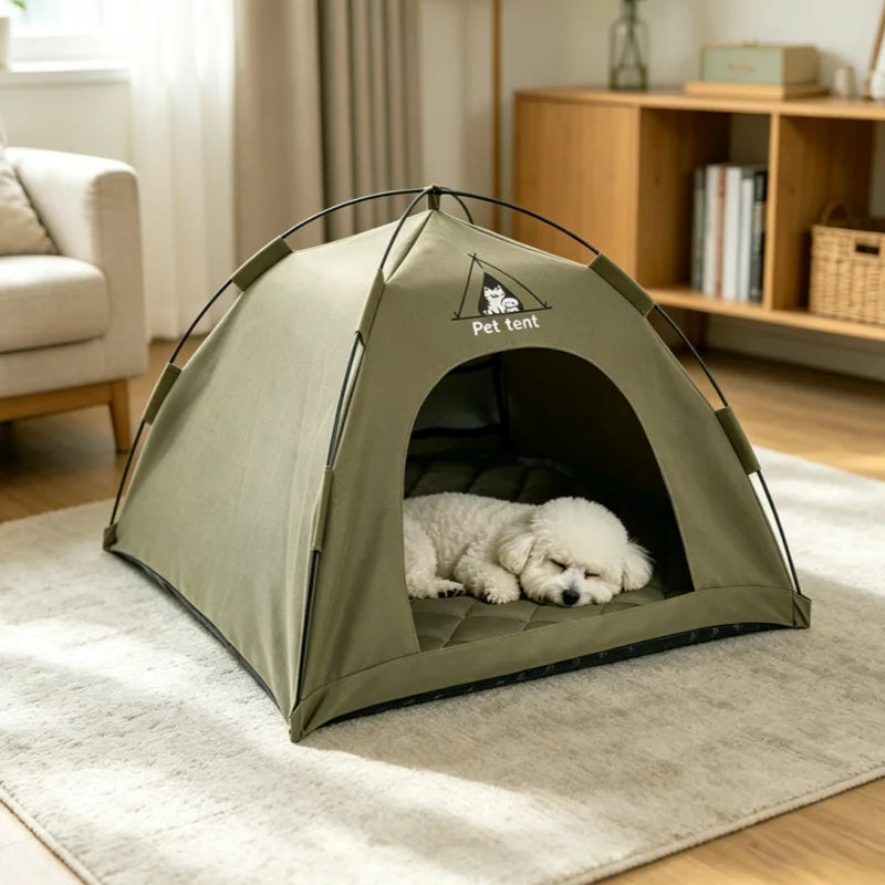 Pet teepee tent bed with a cat resting inside