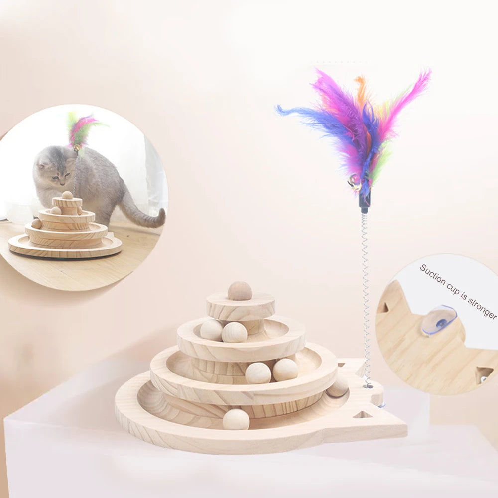 Wooden cat ball track tower toy with feather teaser – photo 3