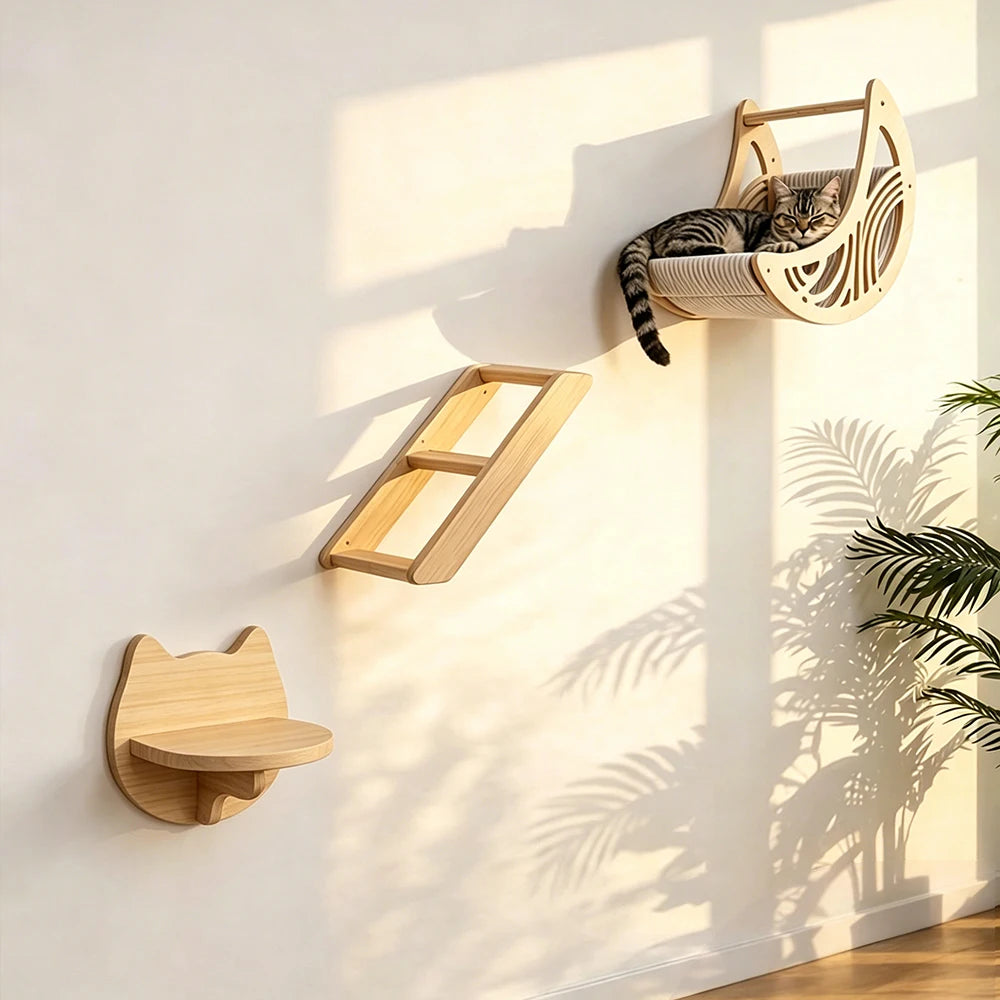Cat resting on wall-mounted wooden cat shelves and perches – photo 5