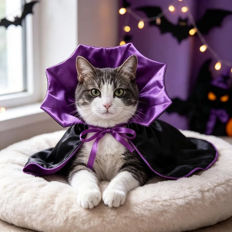 Cat wearing a Halloween pumpkin cape and wizard hat – photo 10