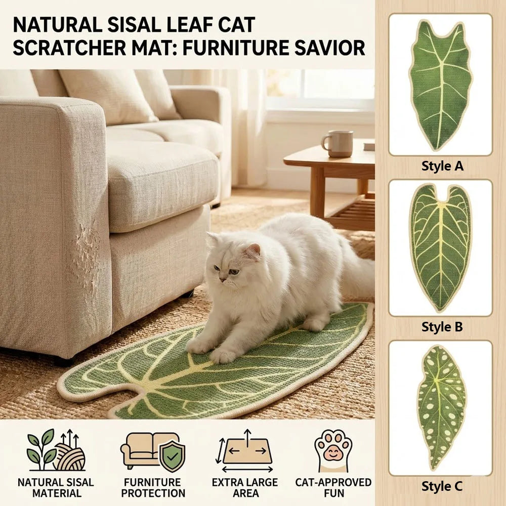 Leaf-shaped natural sisal cat scratching mat on a wall