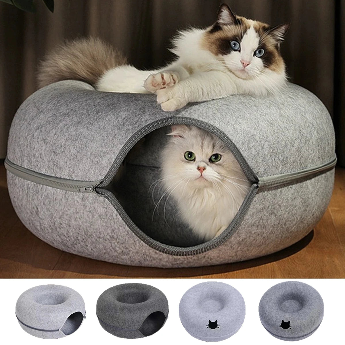 Cats relaxing in and on a grey felt tunnel cat bed