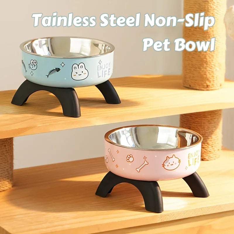 Raised stainless steel pet bowl with non-slip base
