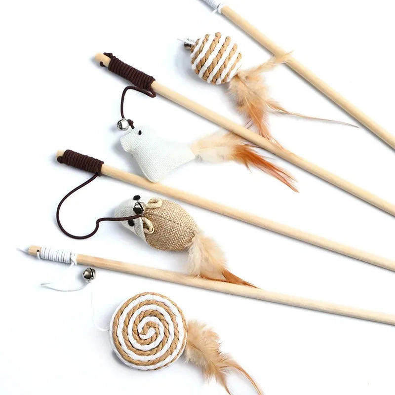 Wooden cat teaser wand toy with toy on a line
