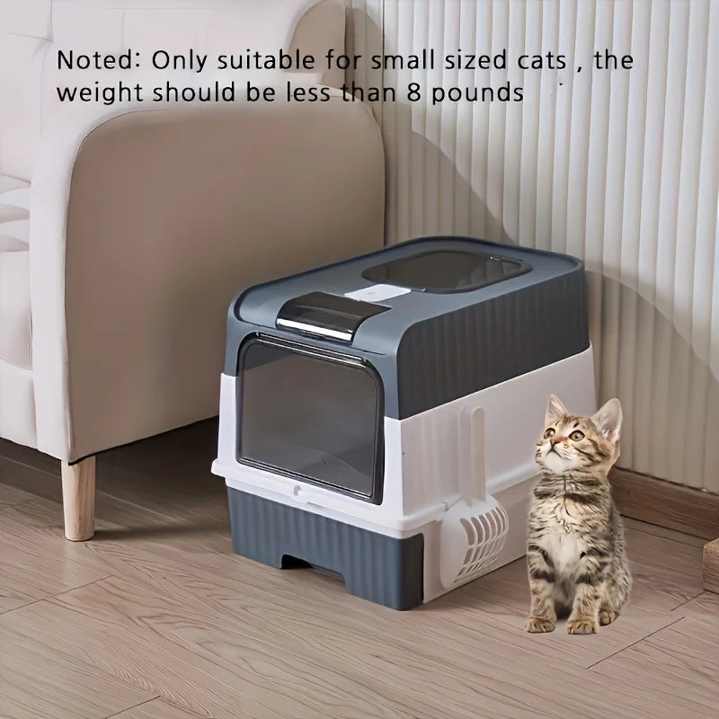 Enclosed cat litter box with pull-out drawer and scoop