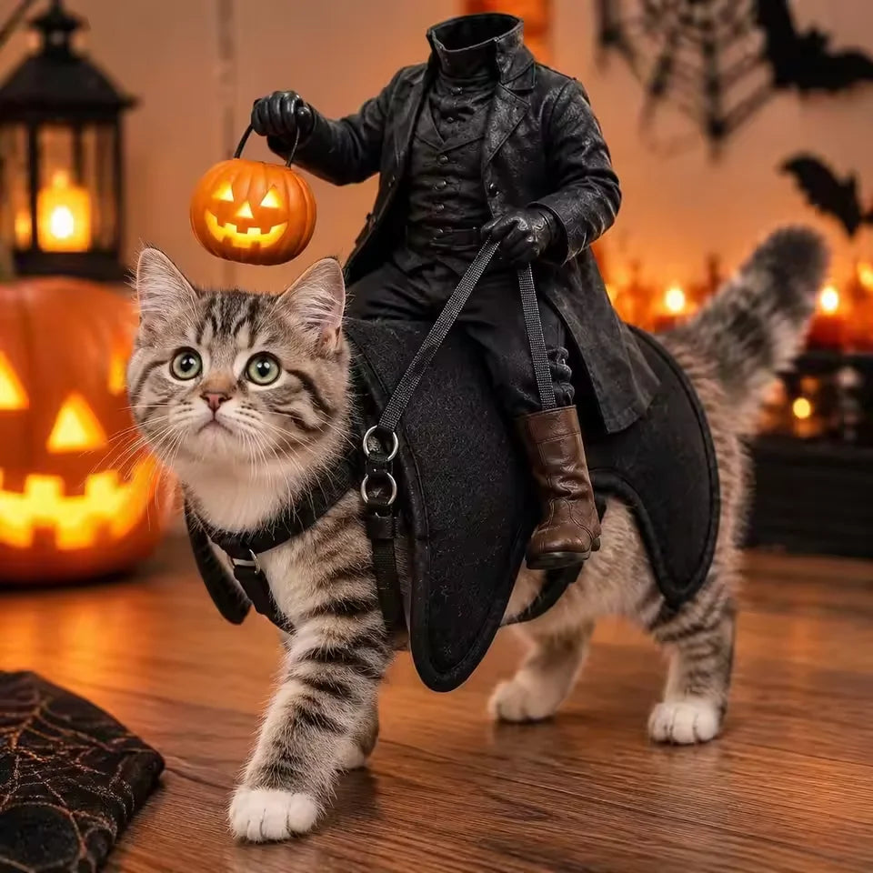 Cat wearing a headless horseman rider costume harness – photo 2
