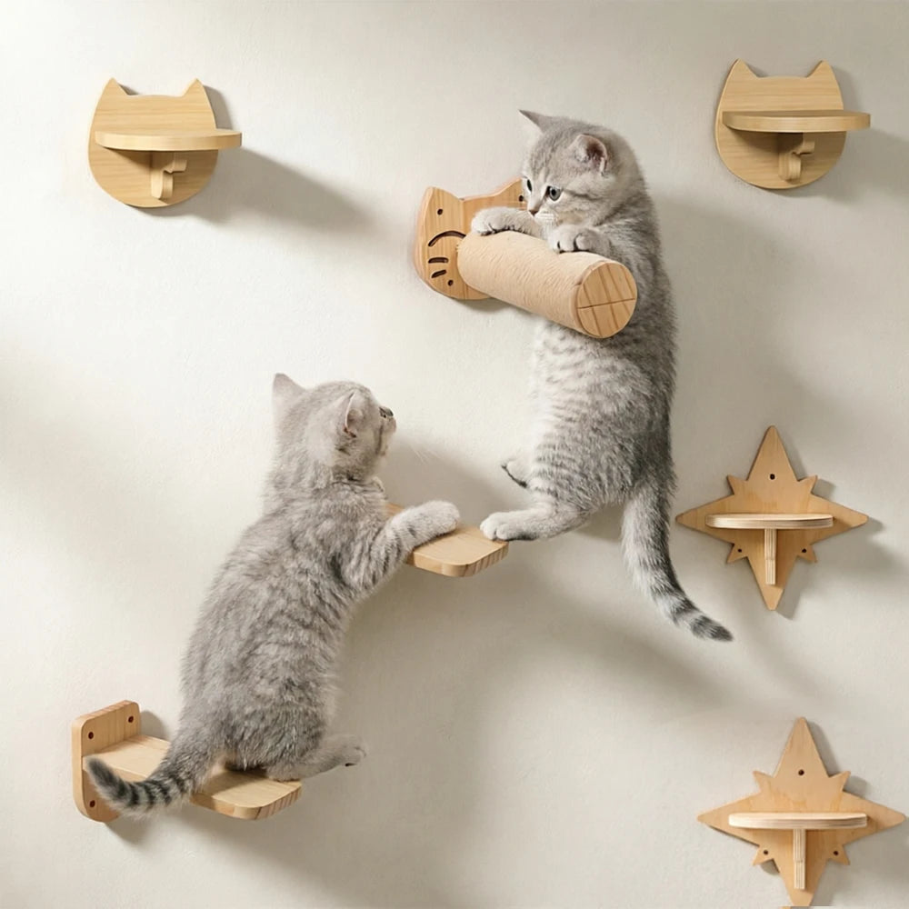 Cat resting on wall-mounted wooden cat shelves and perches – photo 3