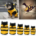 Dog wearing a yellow fleece bumblebee hoodie costume