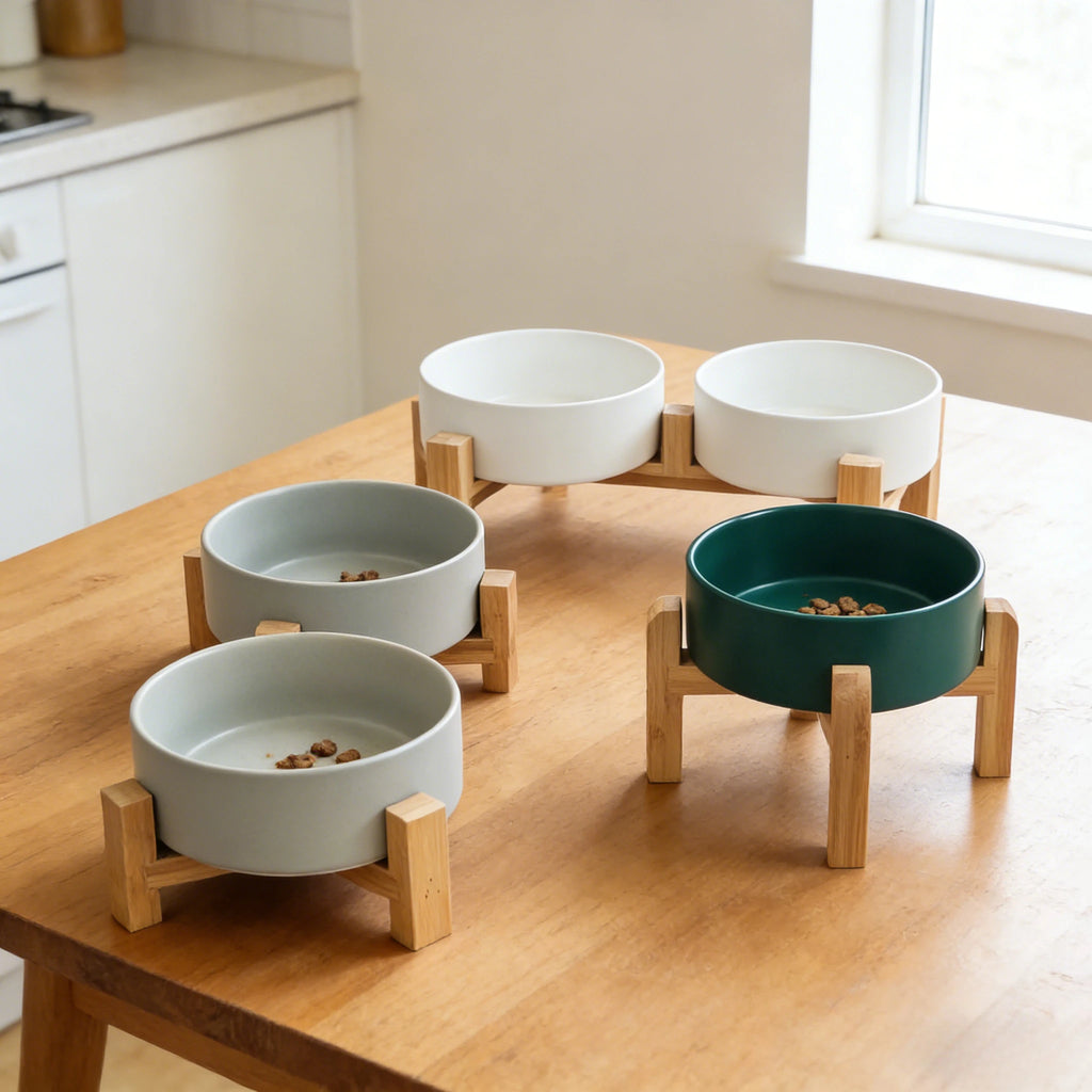Ceramic pet bowl on a raised bamboo stand – photo 2