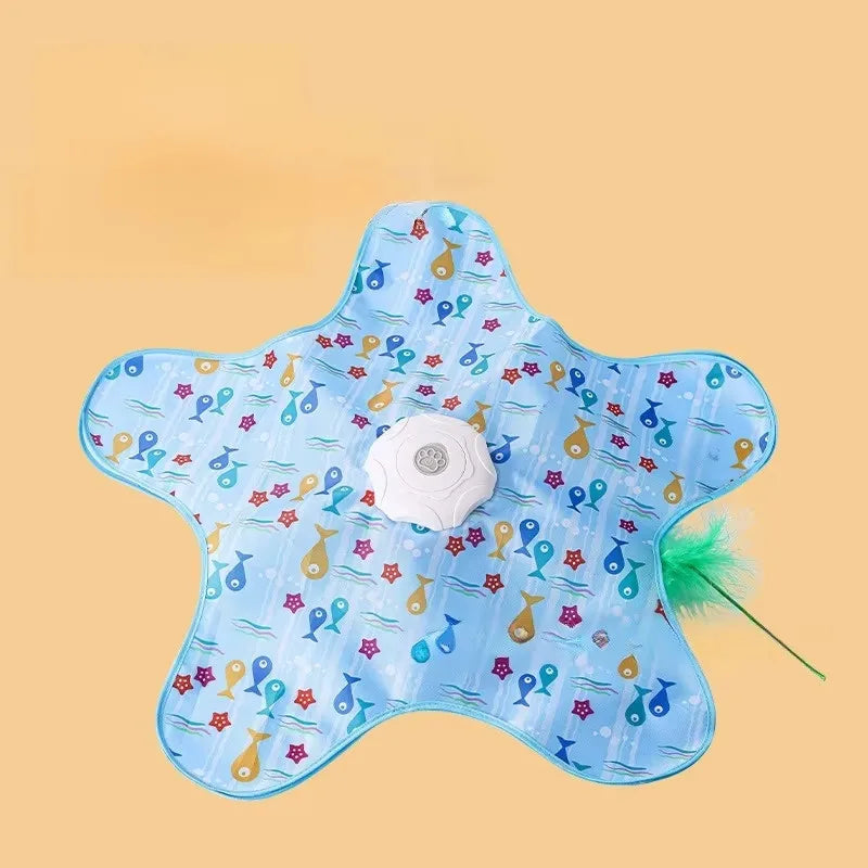 Hide-and-seek cat toy with a blue ocean print cover