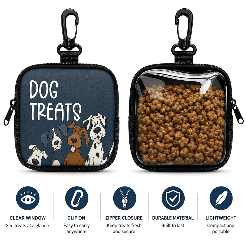 Dog treat pouch with clear window and clip-on hook