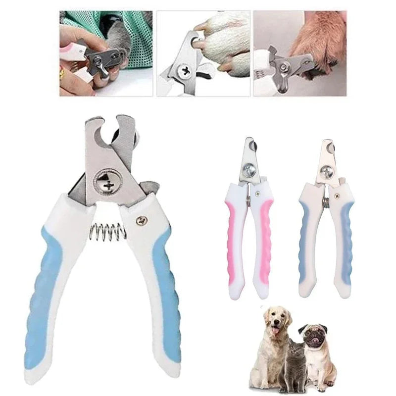 Stainless steel pet nail clippers with blue and pink handles
