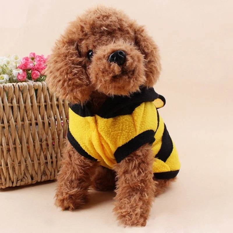 Dog wearing a yellow fleece bumblebee hoodie costume – photo 2