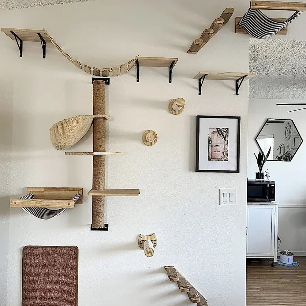 Wooden wall-mounted cat shelves, steps and hammock – photo 4
