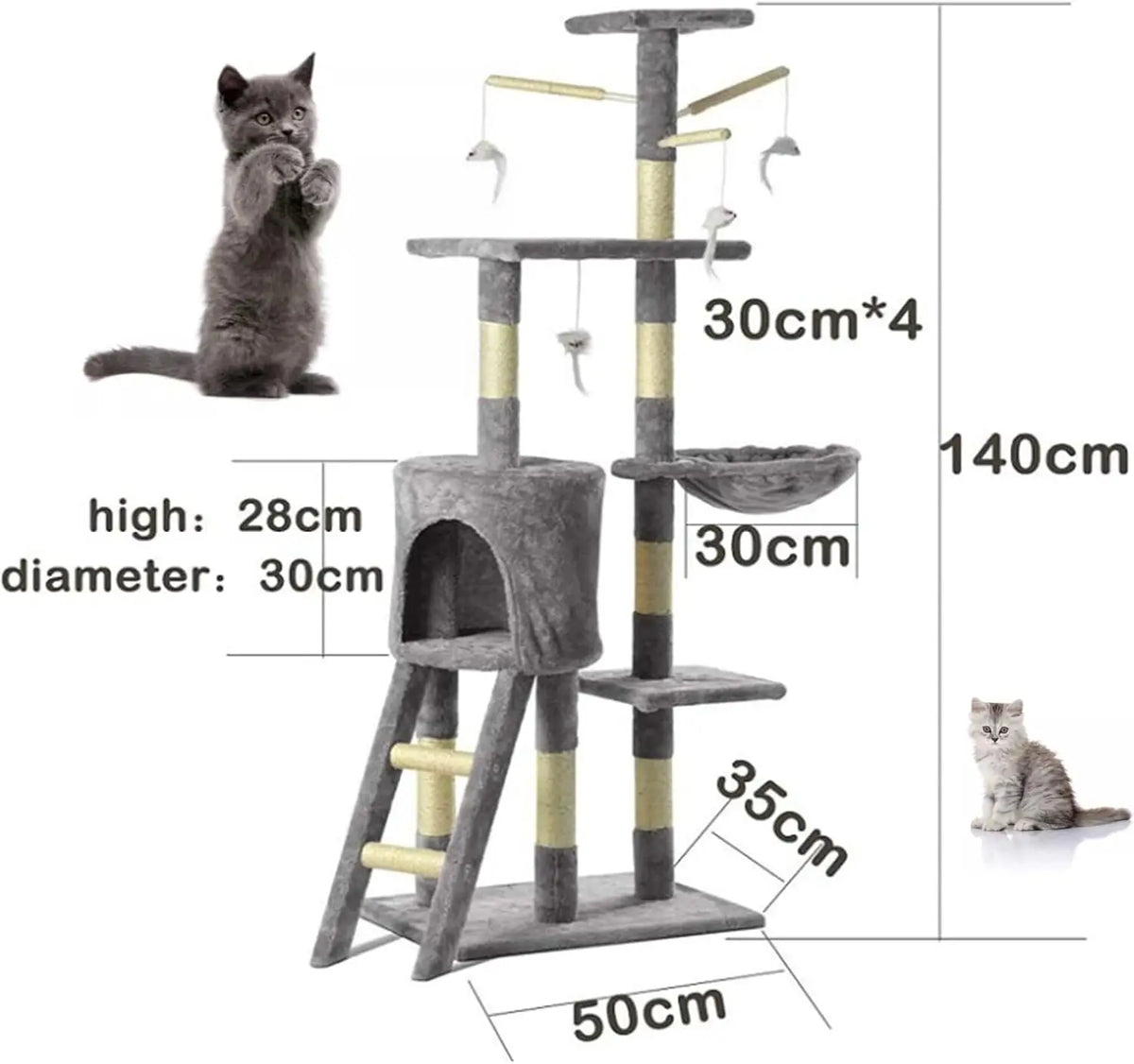 140cm Cat Tree with Condo, Hammock & Sisal Posts