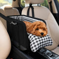 Small dog in a console car booster seat