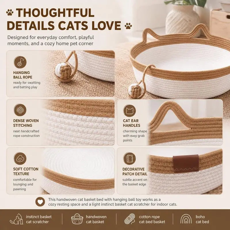 Handwoven cotton rope cat basket bed with cat-ear handles and hanging ball toy