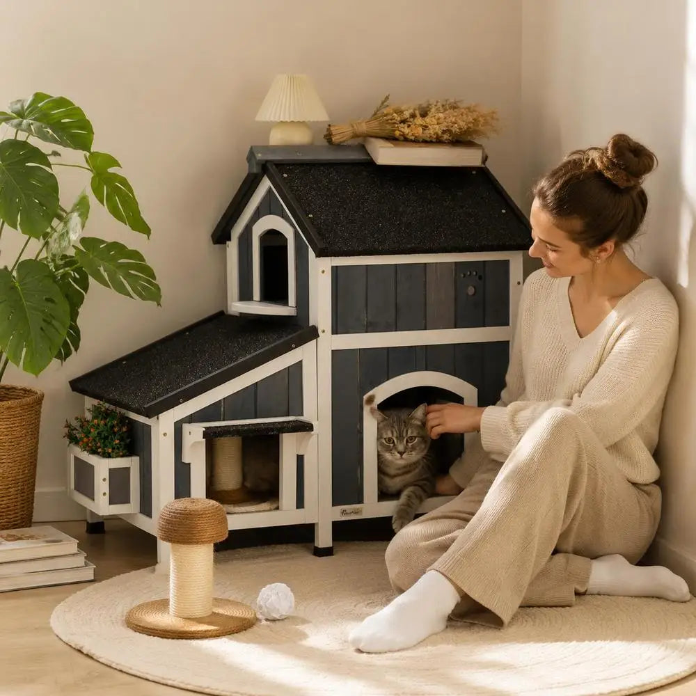 Outdoor Wooden Cat House with Asphalt Roof & Windows