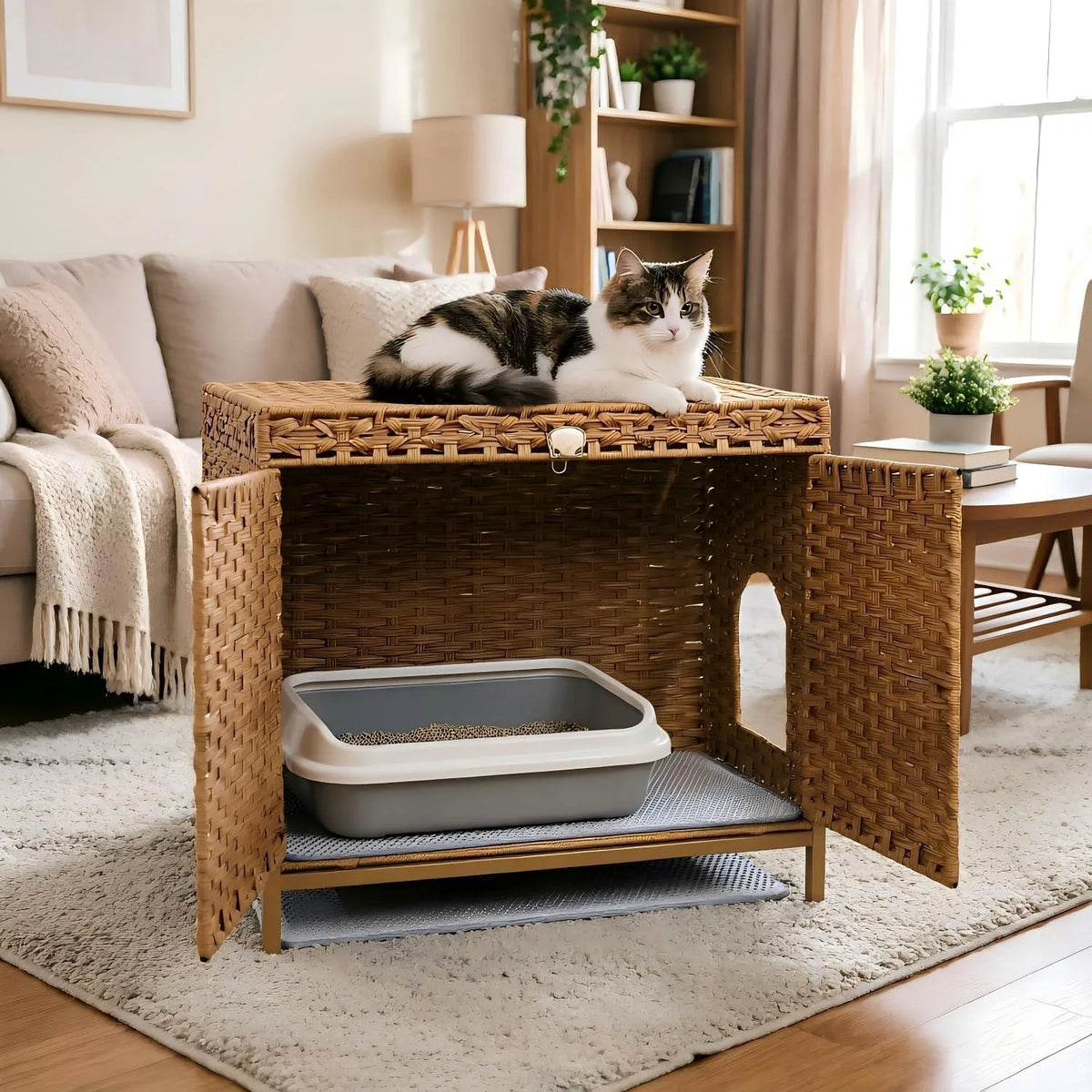 Rattan Litter Box Enclosure with Raised Metal Feet