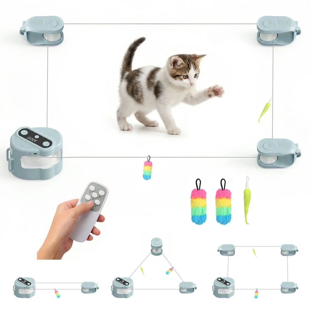 Blue automatic cat hunting toy with a moving lure on a circular track