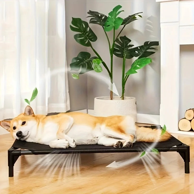 Raised dog bed with breathable mesh and guardrail