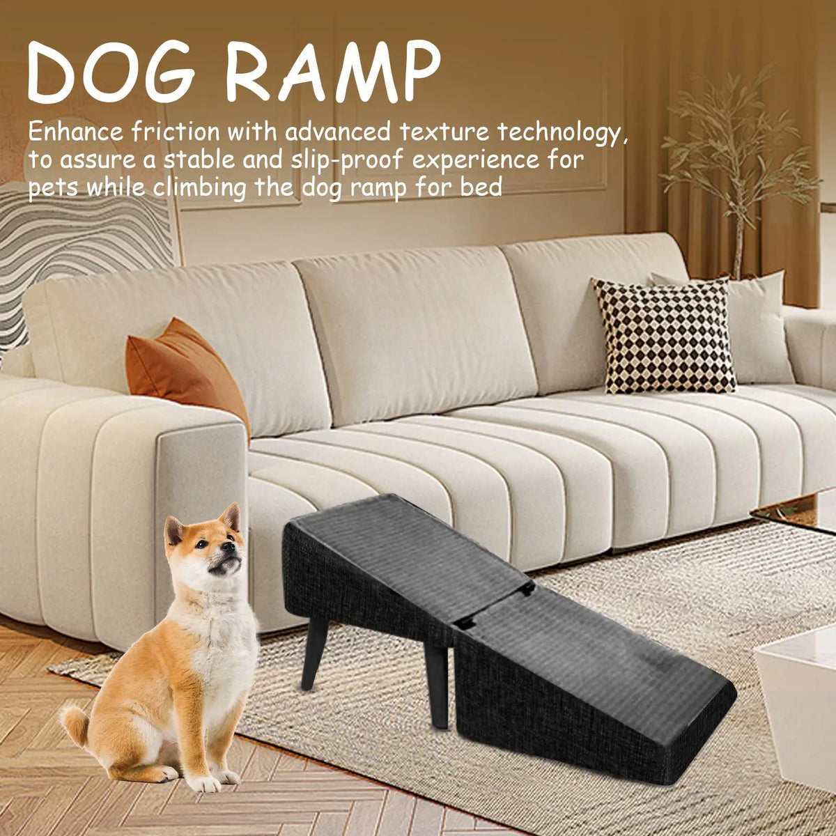 Foldable wooden pet ramp with non-slip fabric cover beside a bed – photo 2