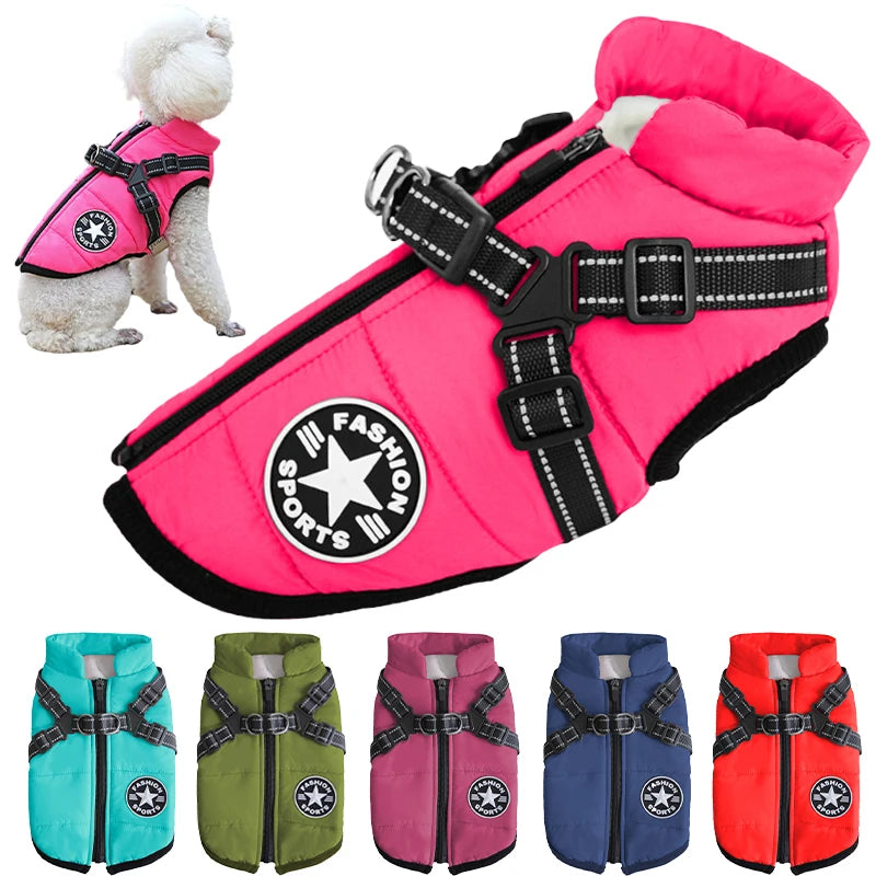 Waterproof winter dog coat with built-in harness