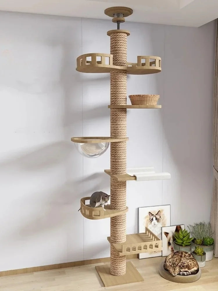 Tall adjustable floor-to-ceiling cat tree with platforms and hammock – photo 4