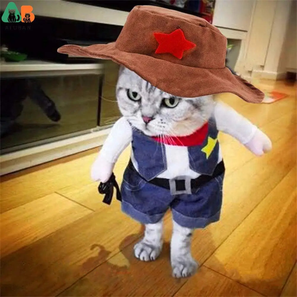 Cat wearing a cowboy Halloween costume with hat and faux arms – photo 9